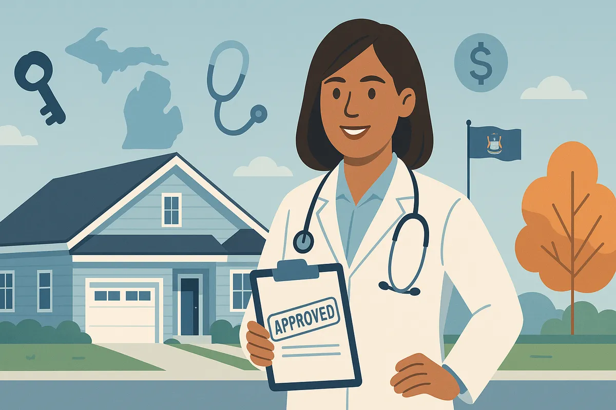 Female doctor standing in front of a home she purchased in Michigan
