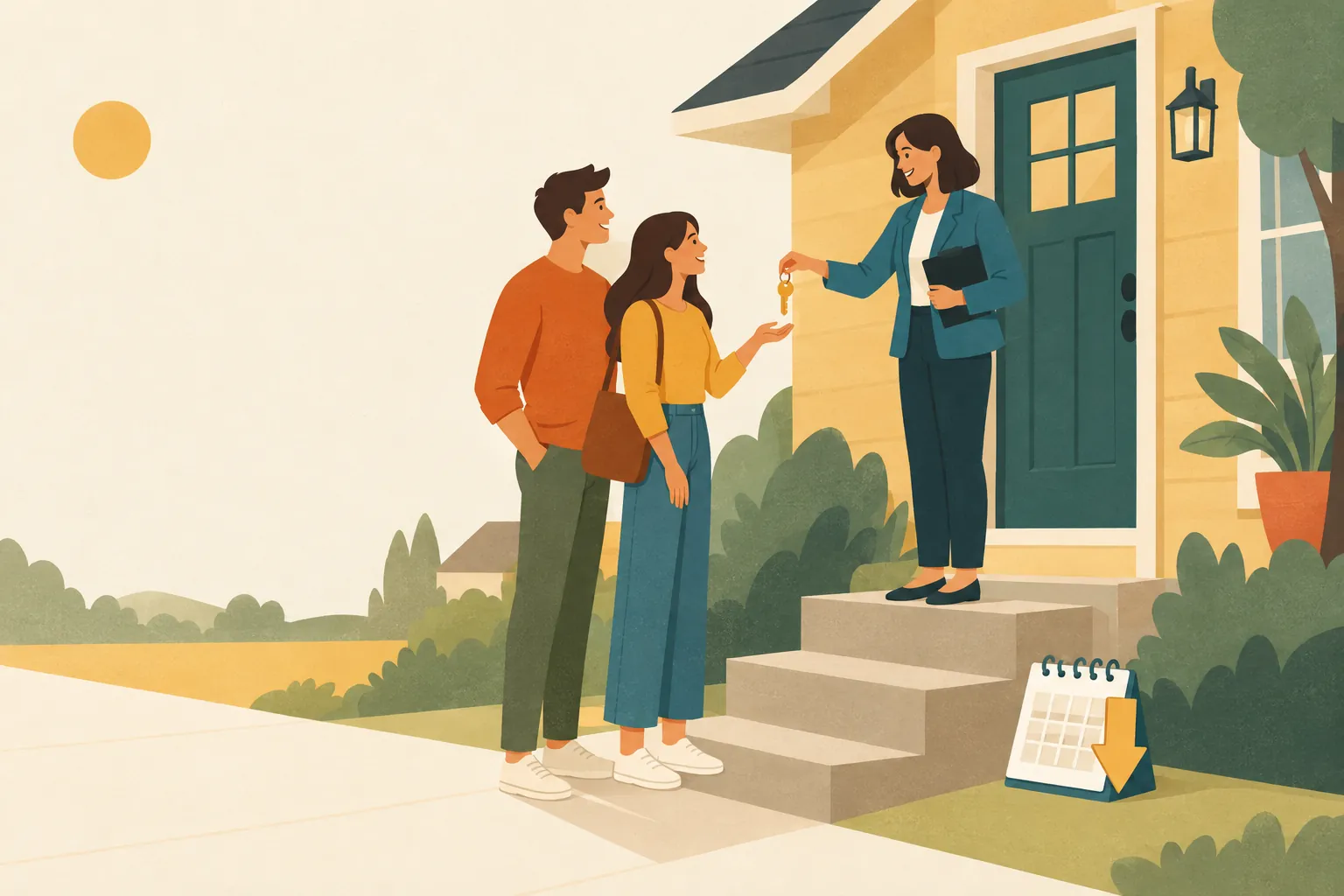 Homebuyers receiving the keys to a new home beside a calendar with a down arrow, illustrating lower mortgage payments in the first years of a temporary buydown
