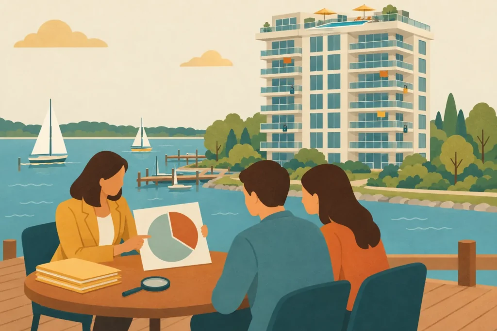 Waterfront condominium building in northern Michigan where non-warrantable condo financing is common